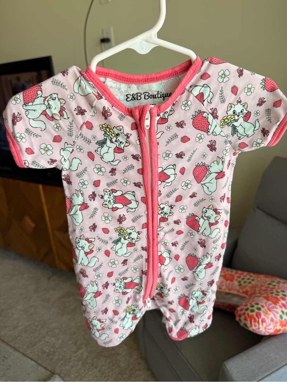 Pink Strawberry Aristocats Short-Sleeve One-Piece for Kids